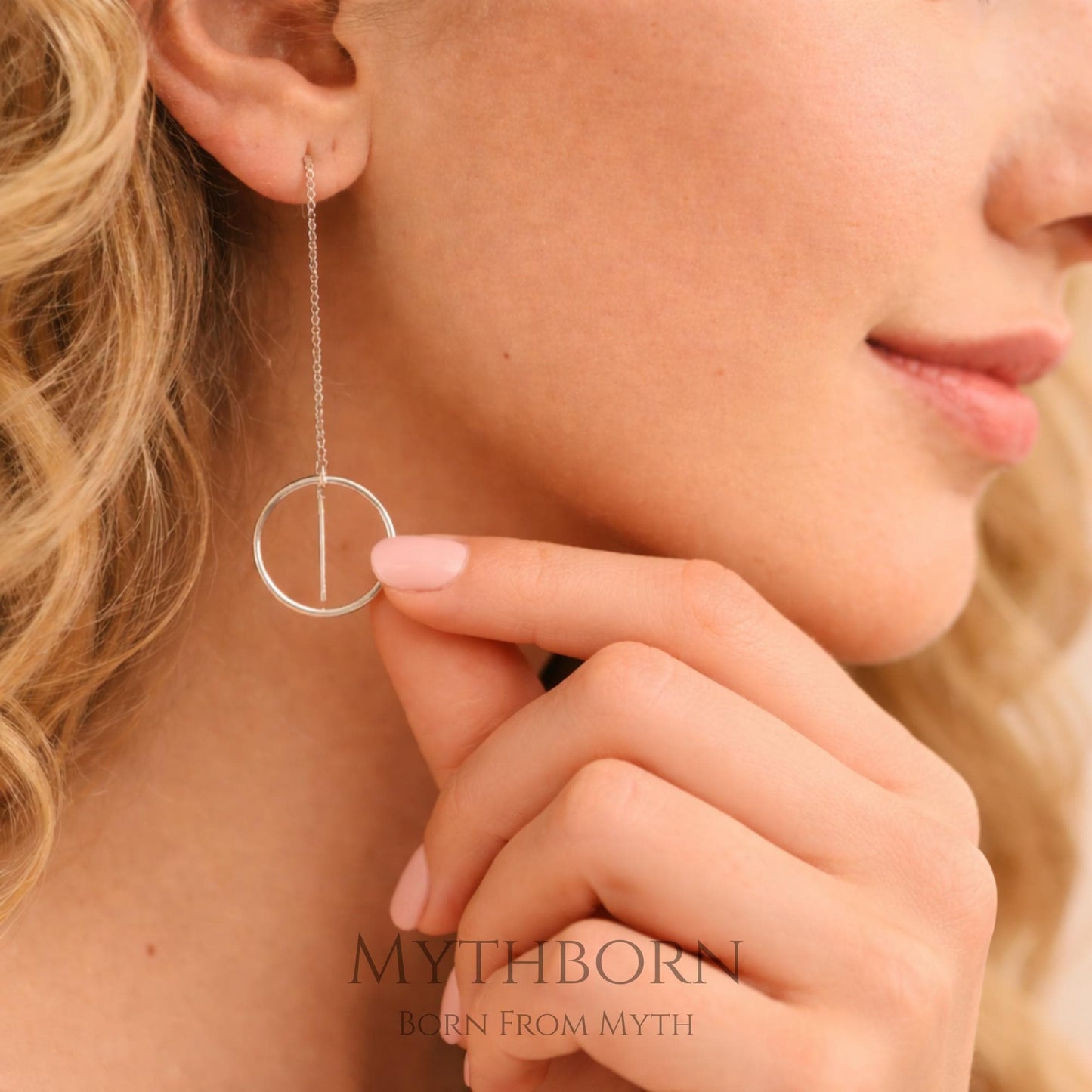 Circle Drop Earrings with geometric chain hoops in 925 sterling silver