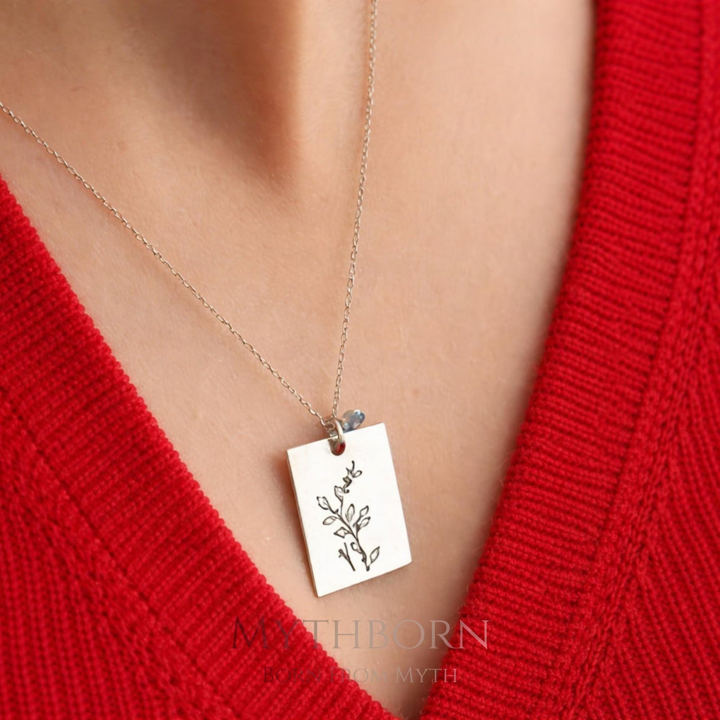 Birth Flower and Birthstone Necklace with personalized square pendant in 925 sterling silver