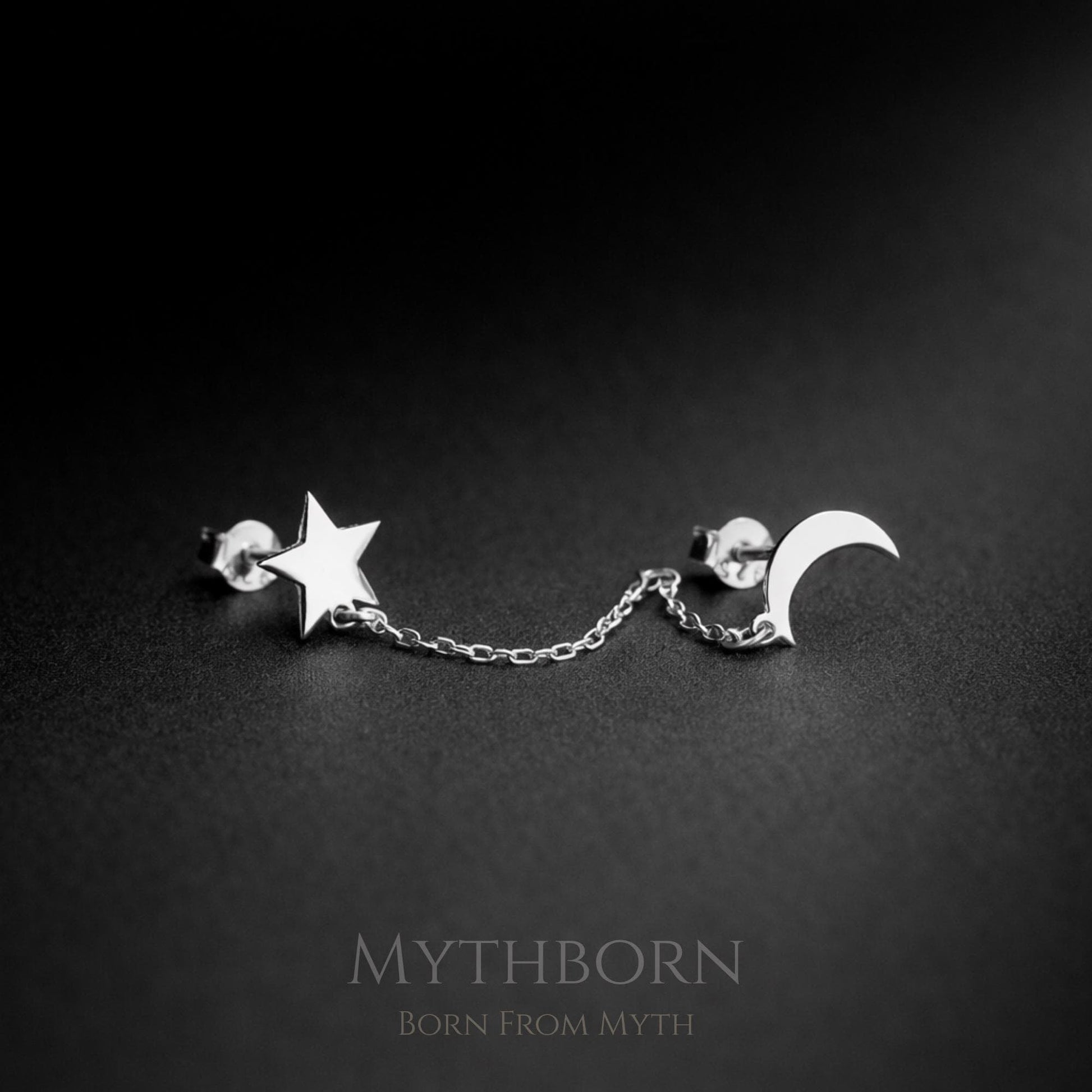 Moon and Star Threader Earrings with celestial chain design in 925 sterling silver