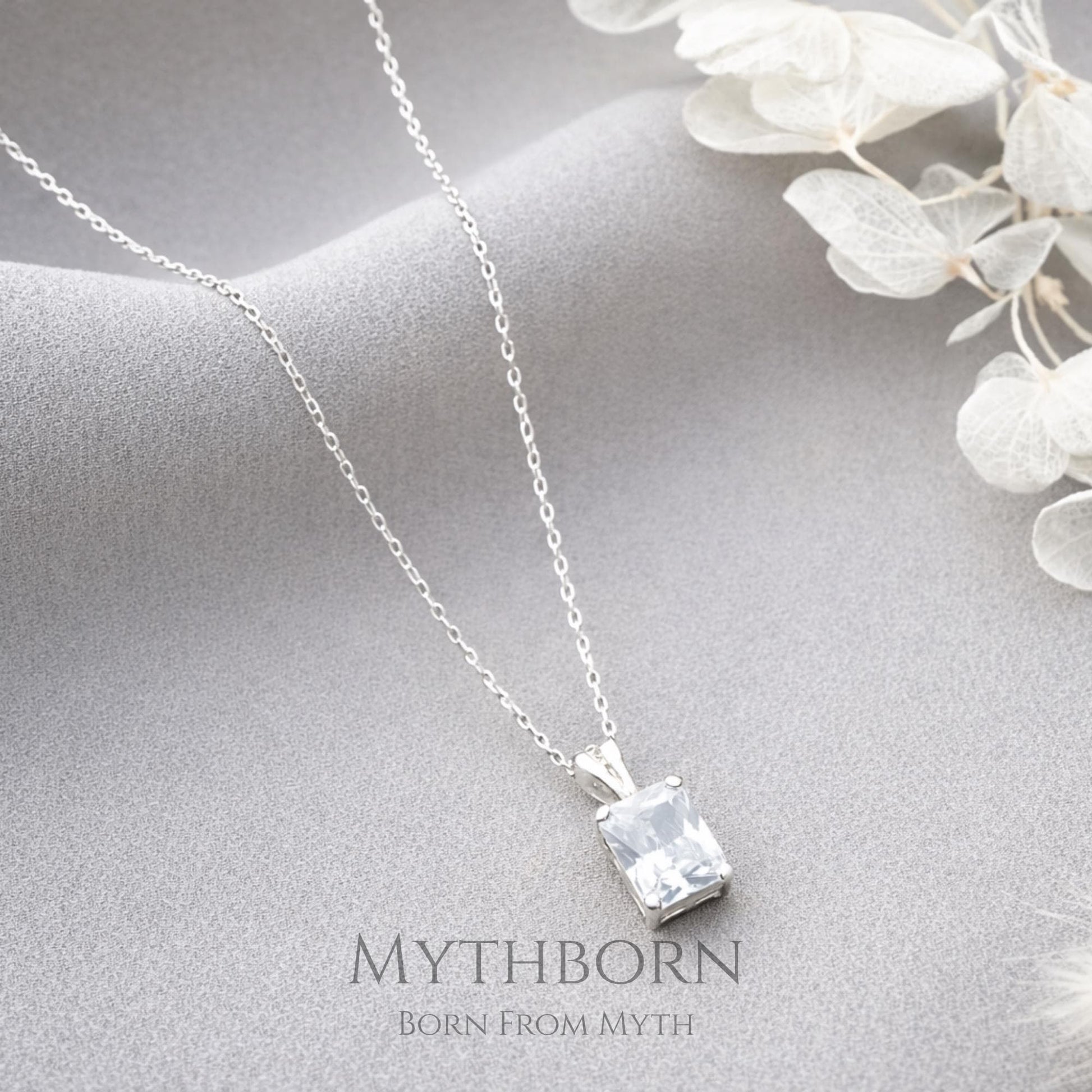 Rectangular Birthstone Necklace with personalized pendant in 925 sterling silver