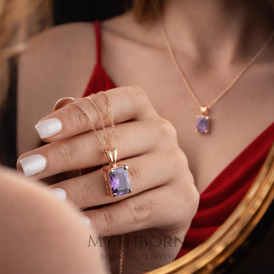 Rectangular Birthstone Necklace • Personalized Gem Necklace • Minimal Pendant Necklace • 925 Sterling Silver • Custom Birthstone Jewelry