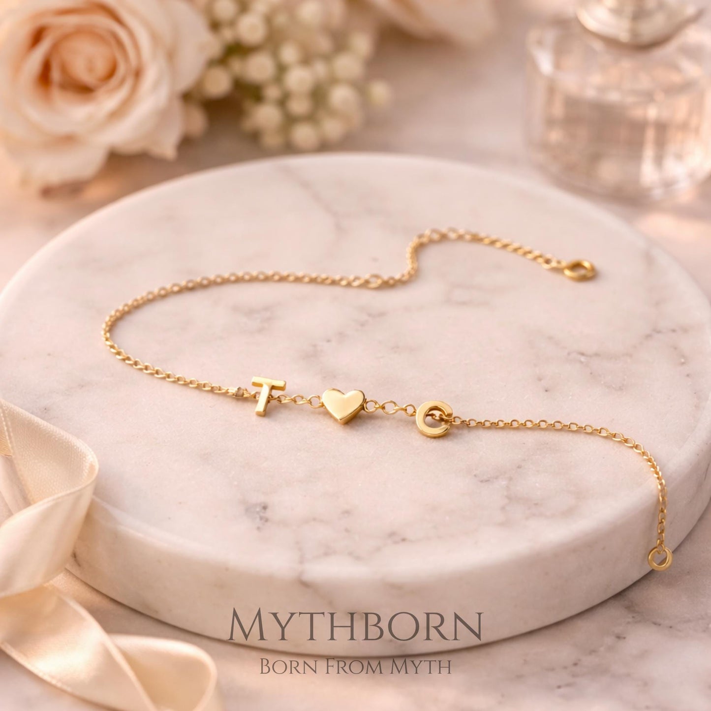 Initial Heart Bracelet with personalized letter charm in 925 sterling silver