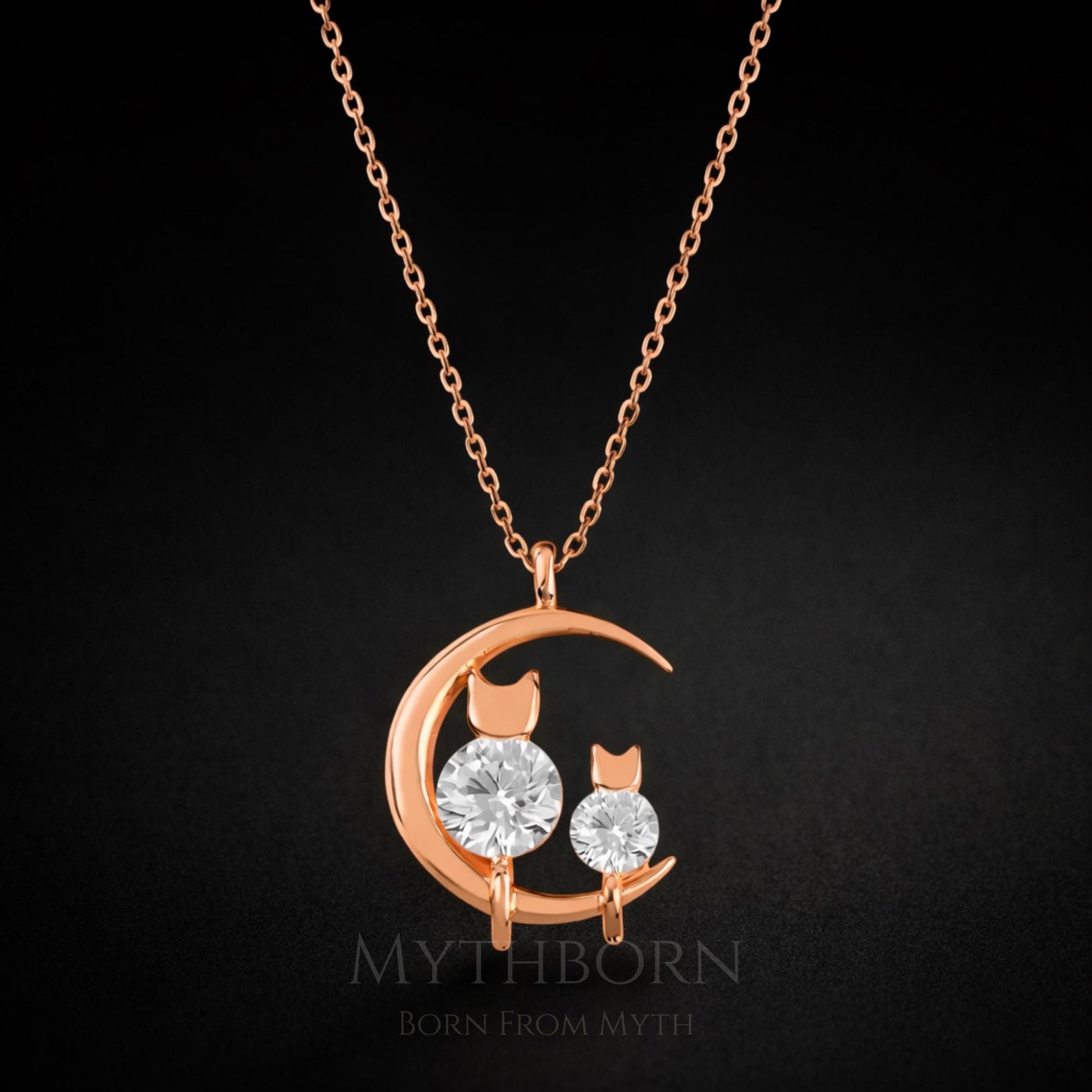 Mother and Kitten Moon Necklace with sentimental cat lover gift in 925 sterling silver