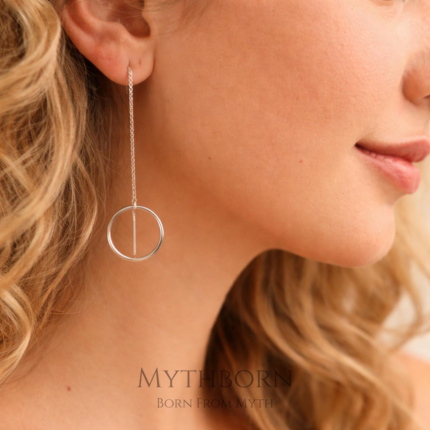 Circle Drop Earrings with geometric chain hoops in 925 sterling silver
