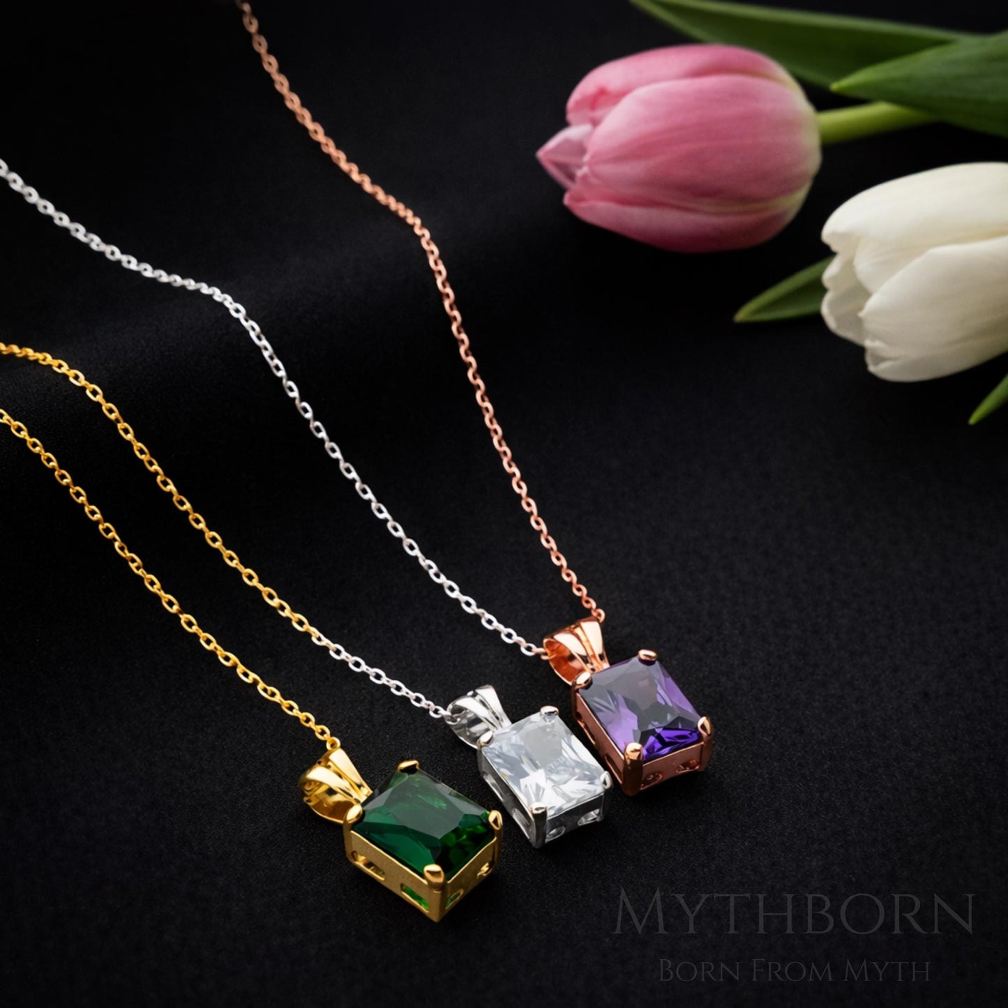 Rectangular Birthstone Necklace with personalized pendant in 925 sterling silver