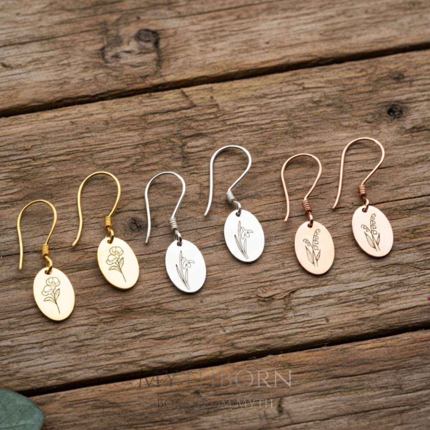 Birth Flower Dangle Earrings with personalized floral drops in 925 sterling silver