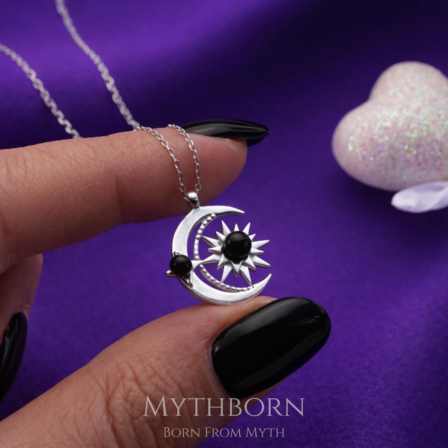 Sun and Moon Necklace with black pearl celestial pendant in 925 sterling silver