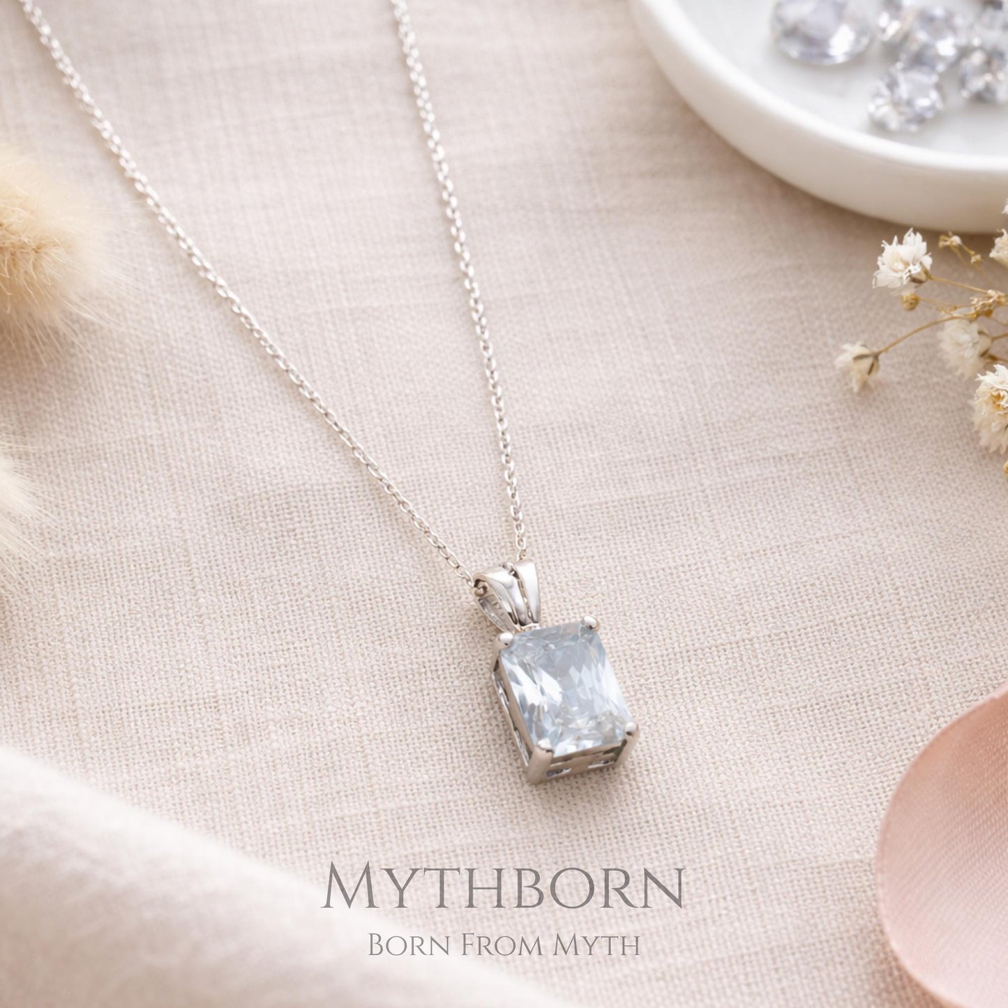 Rectangular Birthstone Necklace with personalized pendant in 925 sterling silver