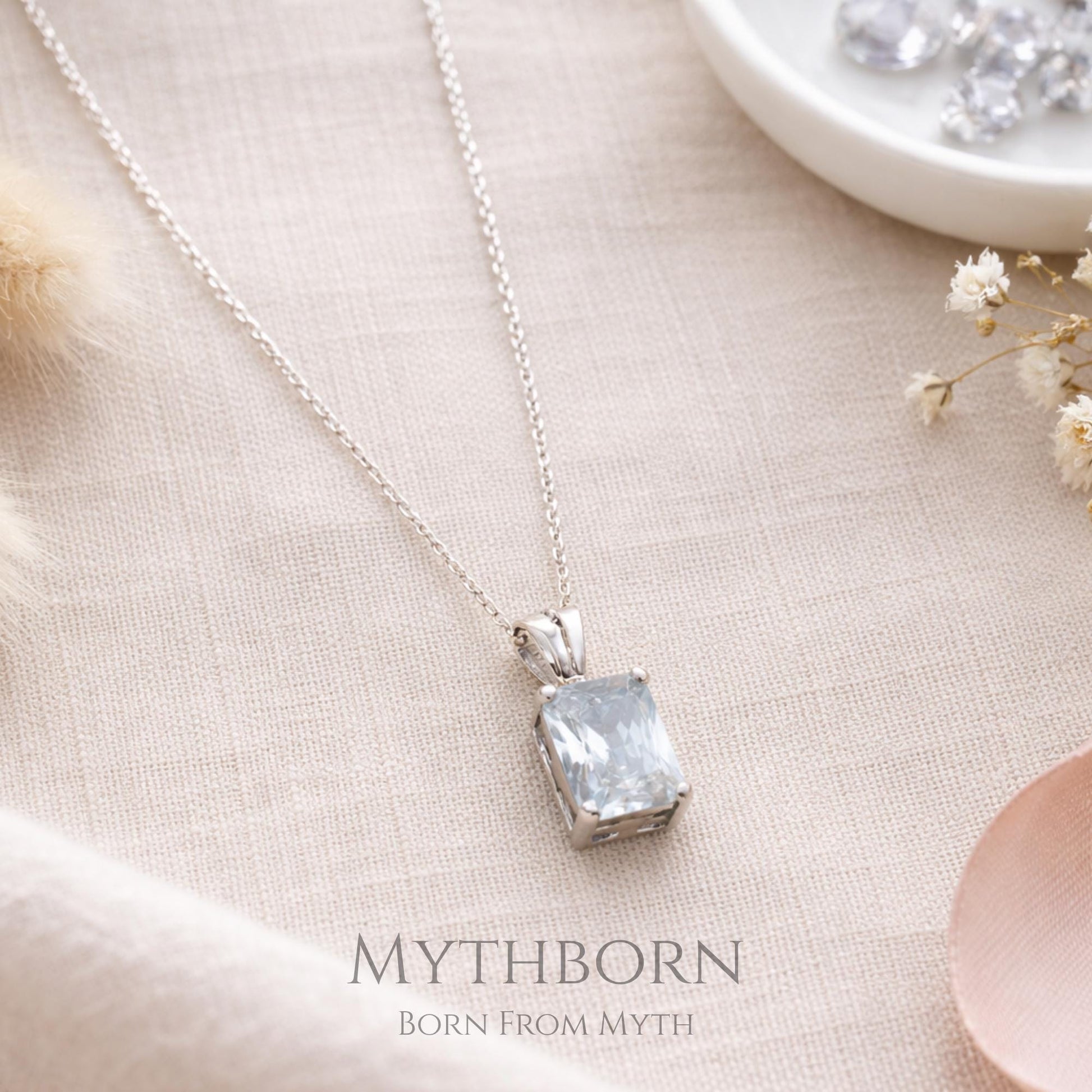 Rectangular Birthstone Necklace with personalized pendant in 925 sterling silver
