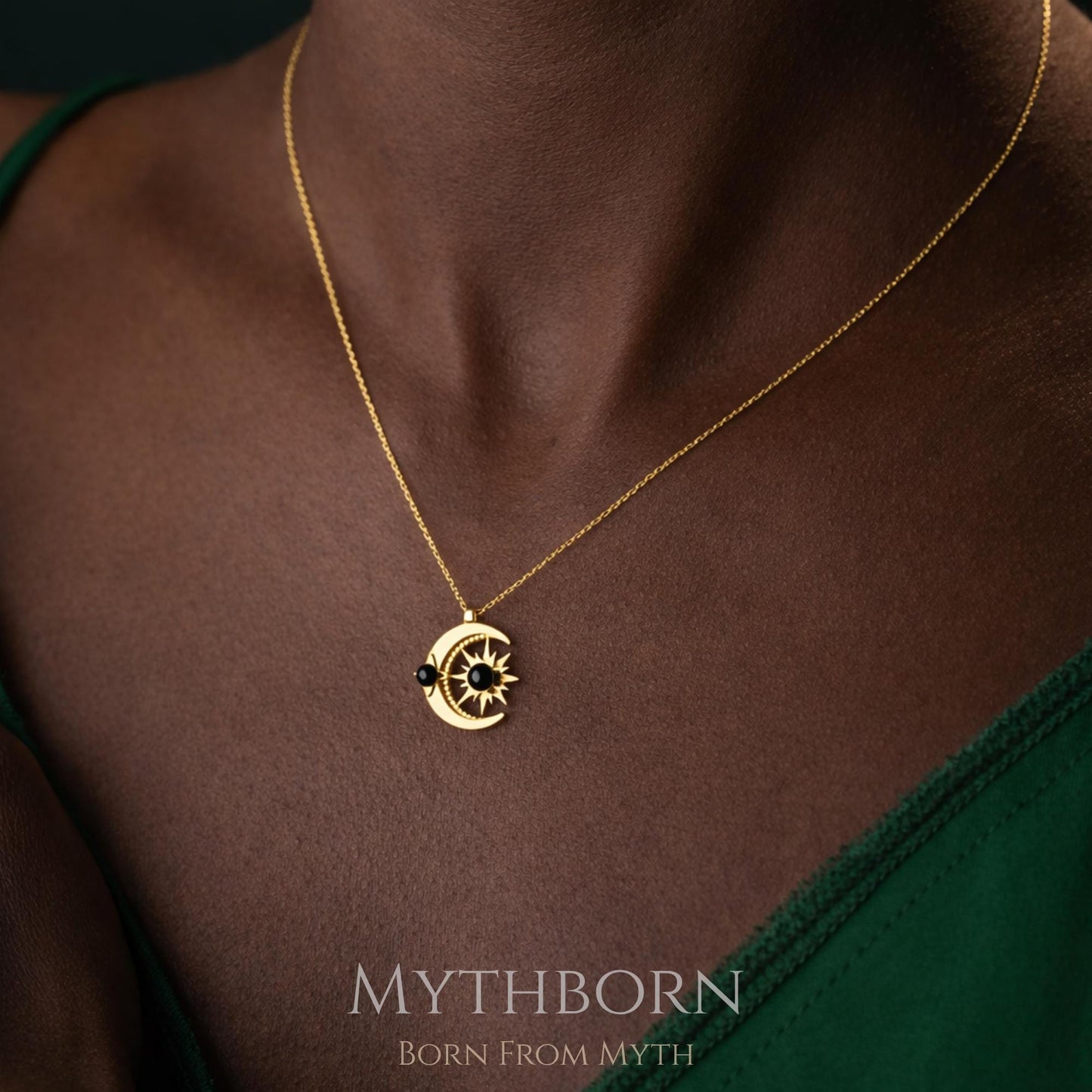 Sun and Moon Necklace with black pearl celestial pendant in 925 sterling silver