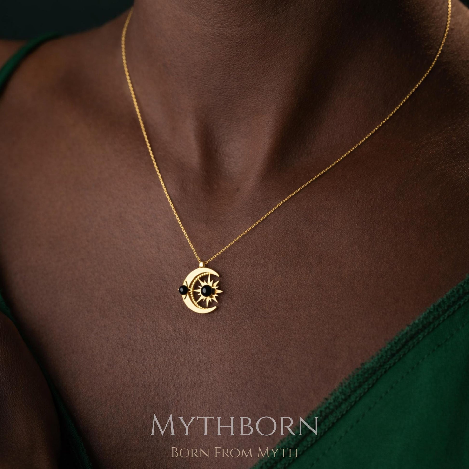 Sun and Moon Necklace with black pearl celestial pendant in 925 sterling silver