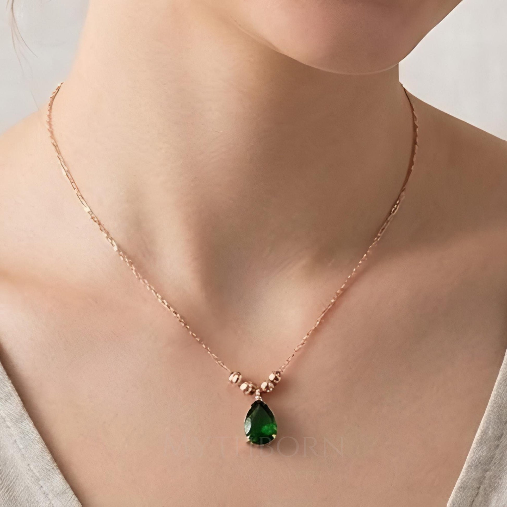 Emerald Teardrop Necklace with dainty gemstone pendant in 925 sterling silver