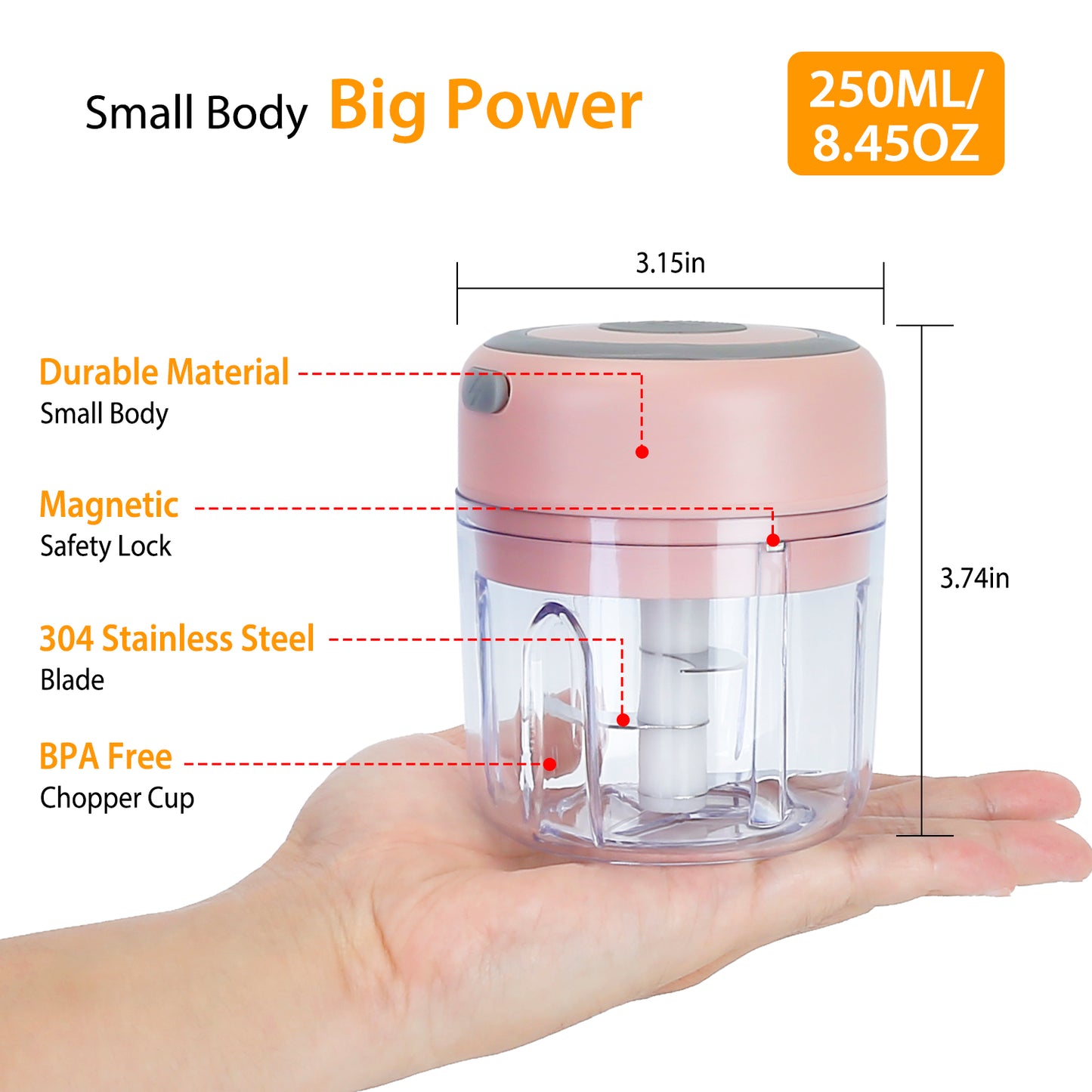 Mini Electric Garlic Chopper - Cordless Rechargeable Food Mincer 8.45OZ