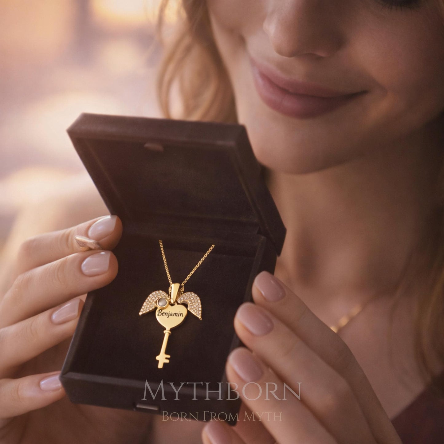 Personalized Key Heart Necklace with custom romantic pendant in 925 sterling silver
