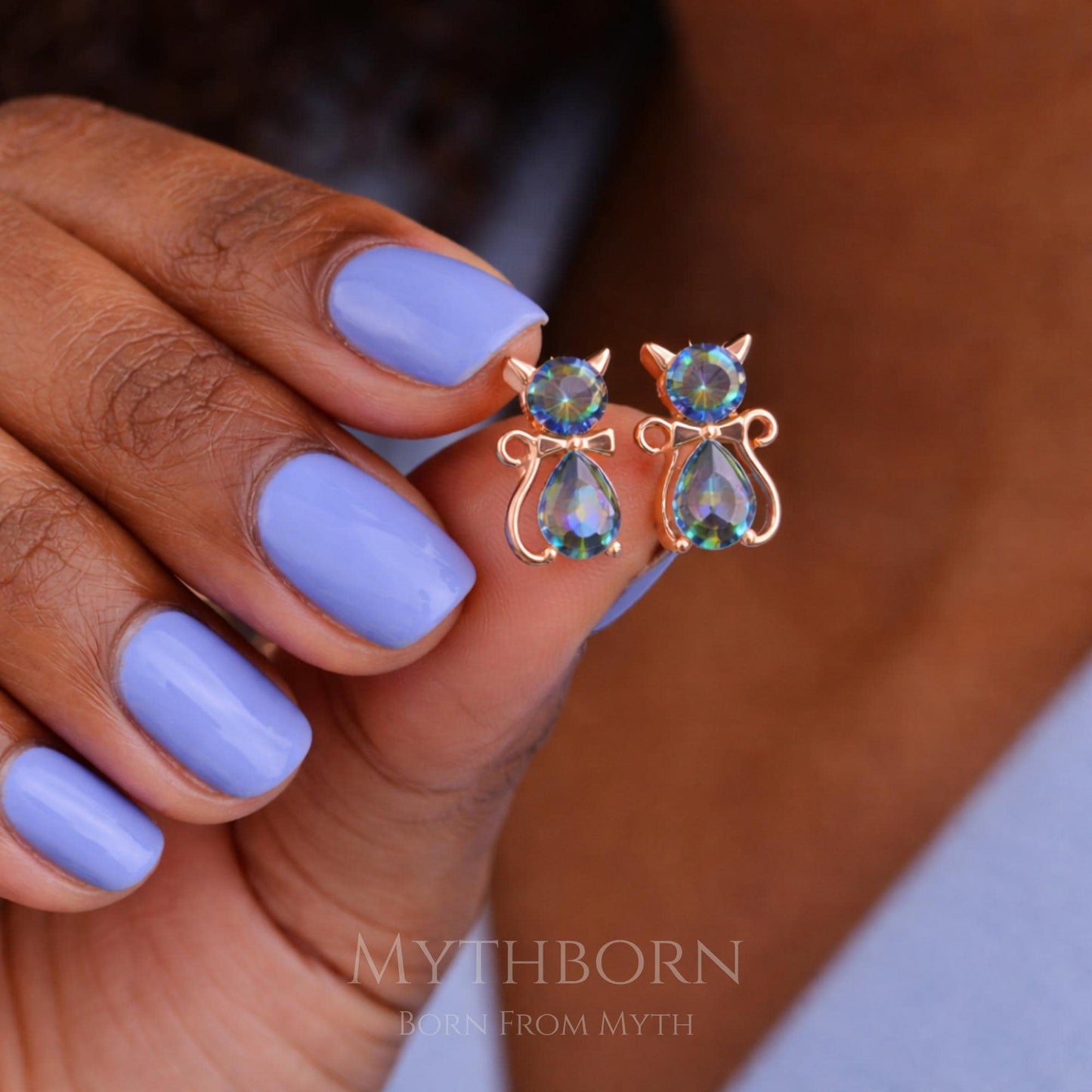Cat Stud Earrings with mystic topaz design in 925 sterling silver