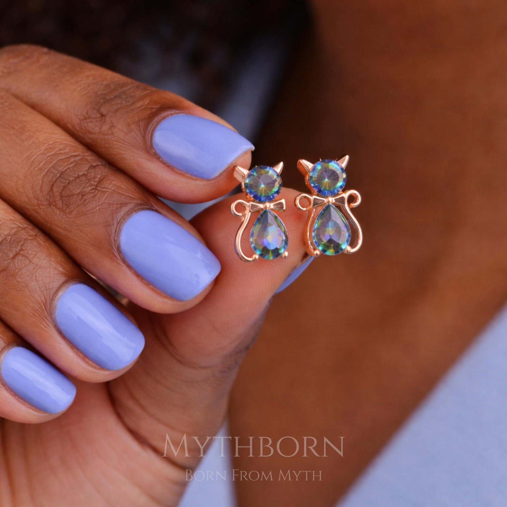 Cat Stud Earrings with mystic topaz design in 925 sterling silver