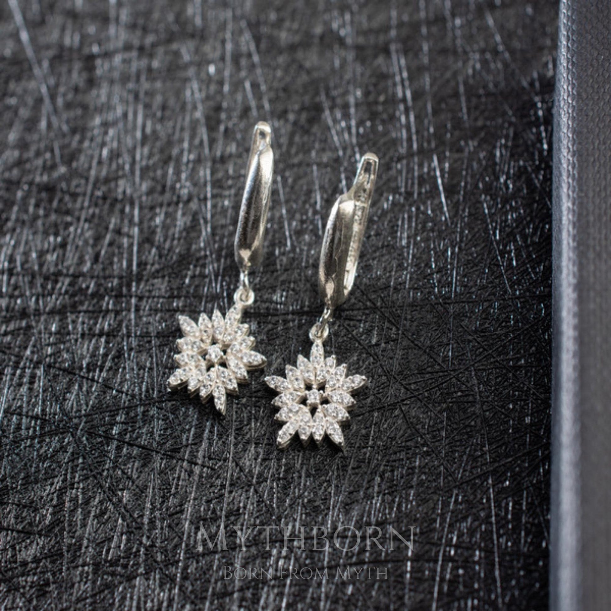 Snowflake Drop Earrings with crystal winter sparkle in 925 sterling silver