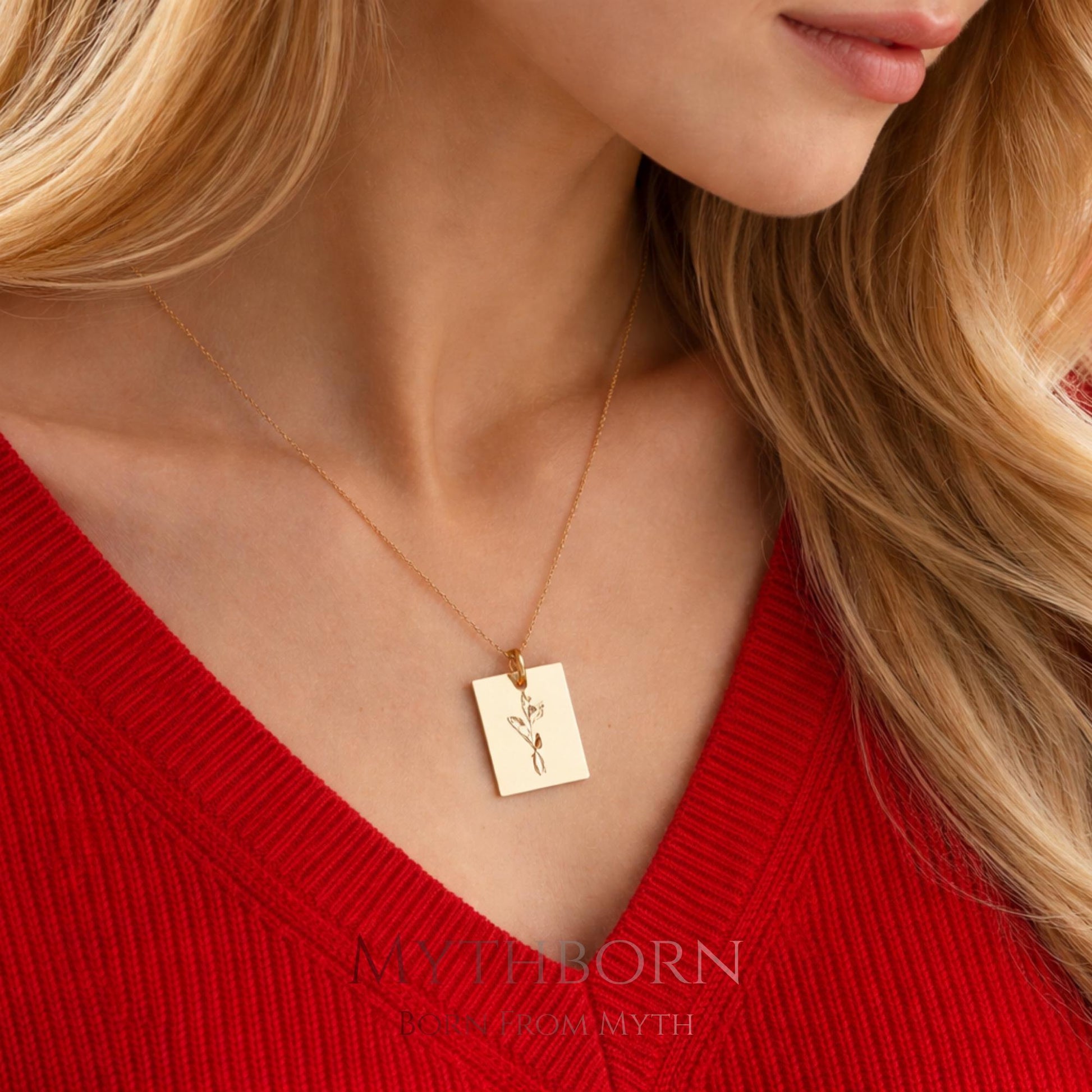 Birth Flower and Birthstone Necklace with personalized square pendant in 925 sterling silver