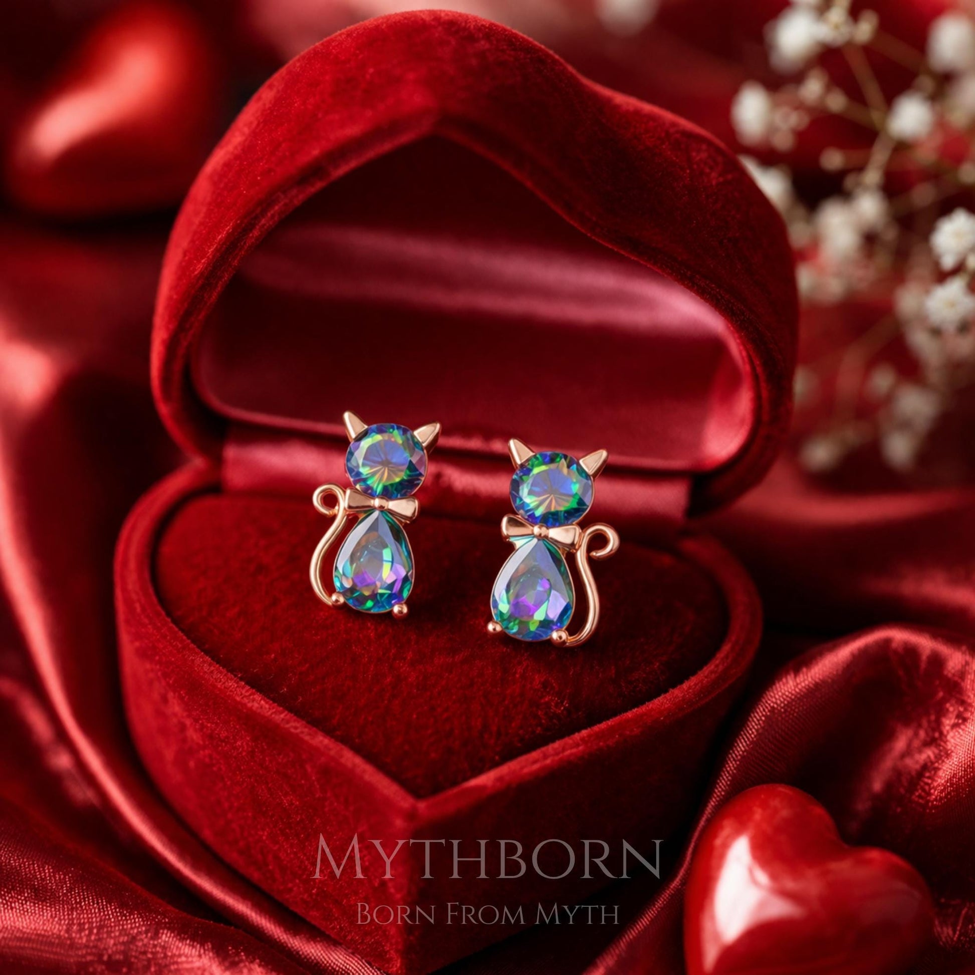 Cat Stud Earrings with mystic topaz design in 925 sterling silver