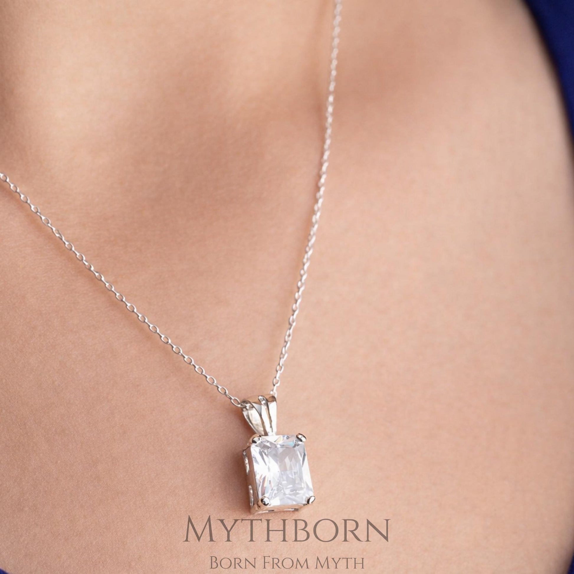 Rectangular Birthstone Necklace with personalized pendant in 925 sterling silver