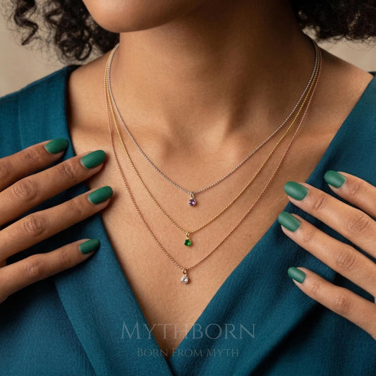Personalized Birthstone Layered Necklace with triple chain keepsake in 925 sterling silver