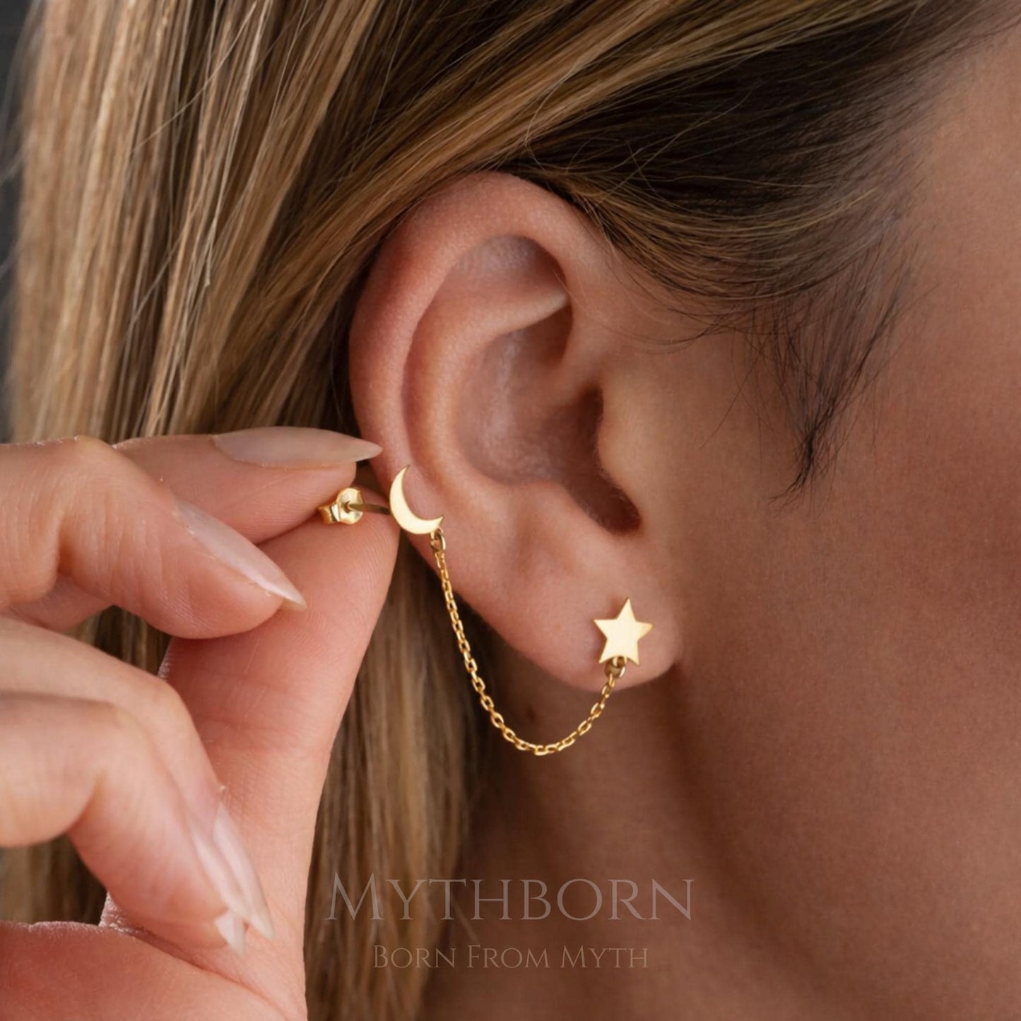 Moon and Star Threader Earrings with celestial chain design in 925 sterling silver