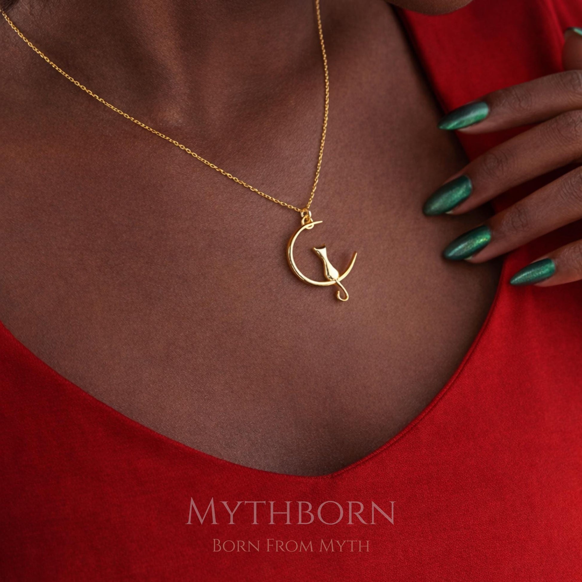 Cat on Moon Necklace with celestial cat lover pendant in 925 sterling silver