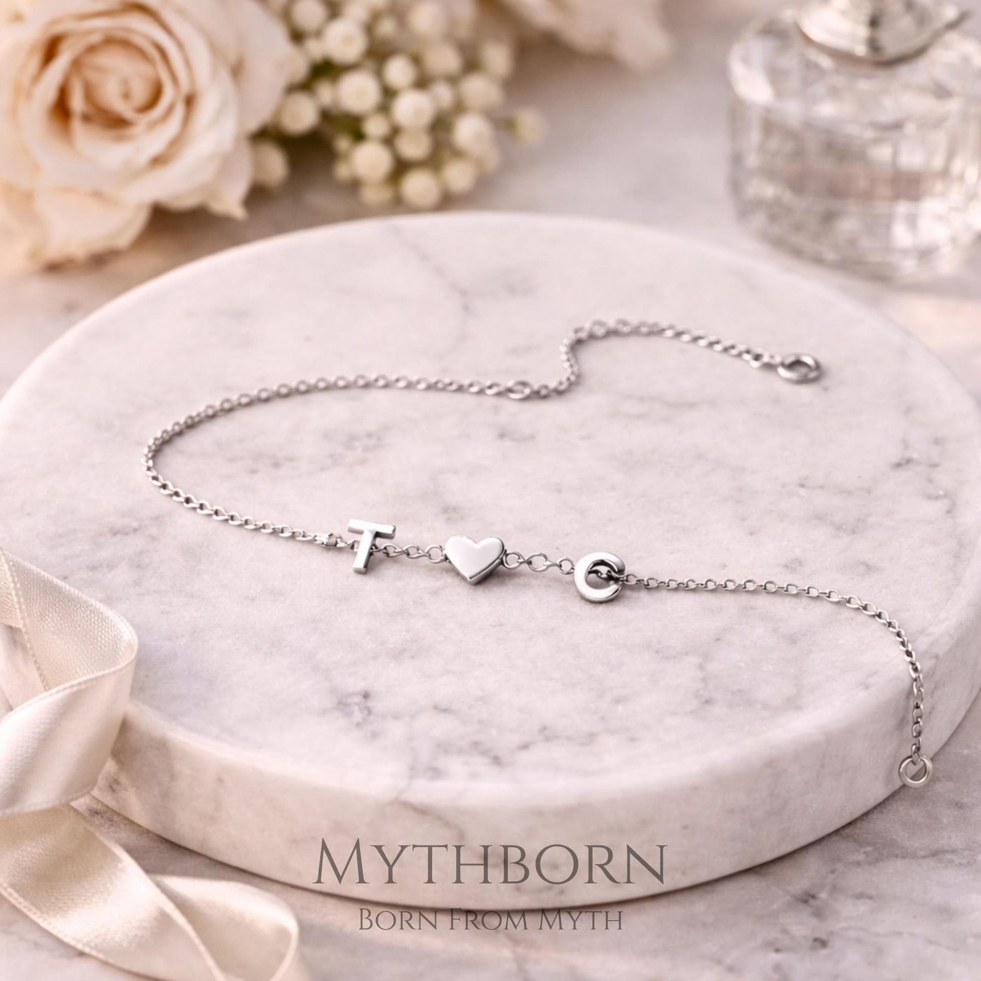 Initial Heart Bracelet with personalized letter charm in 925 sterling silver