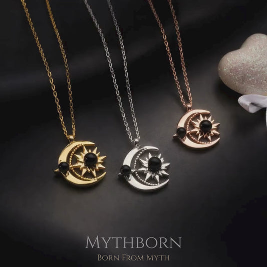 Sun Moon Necklace 925 Sterling Silver – Black Pearl Celestial Pendant for Balance & Energy