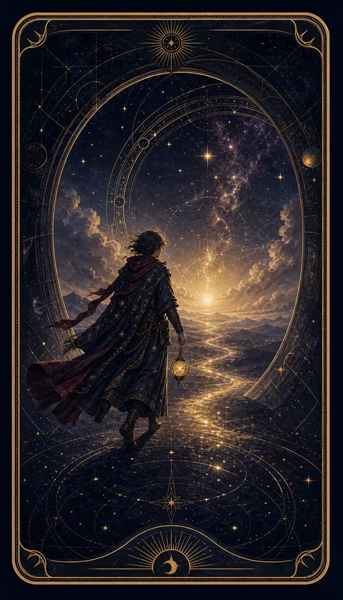 Ilustración celestial original de Mythborn para la carta El Loco.