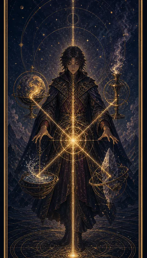 Ilustración celestial original de Mythborn para la carta El Mago.