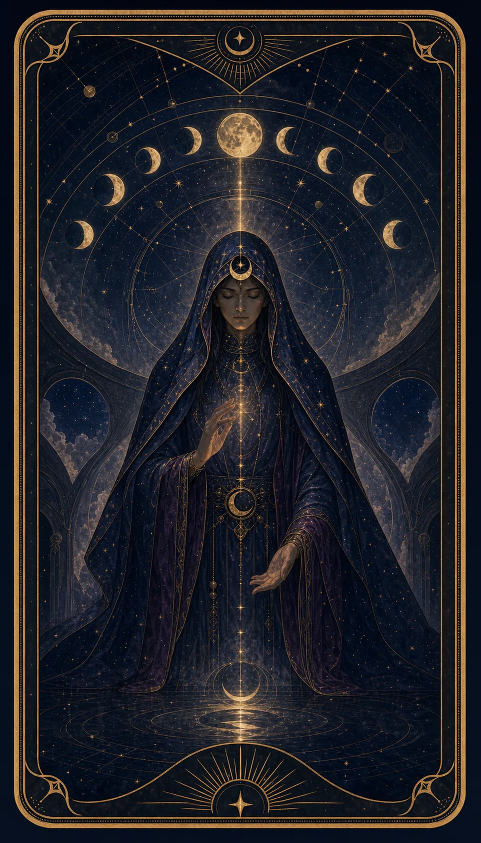 Ilustración celestial original de Mythborn para la carta La Sacerdotisa.