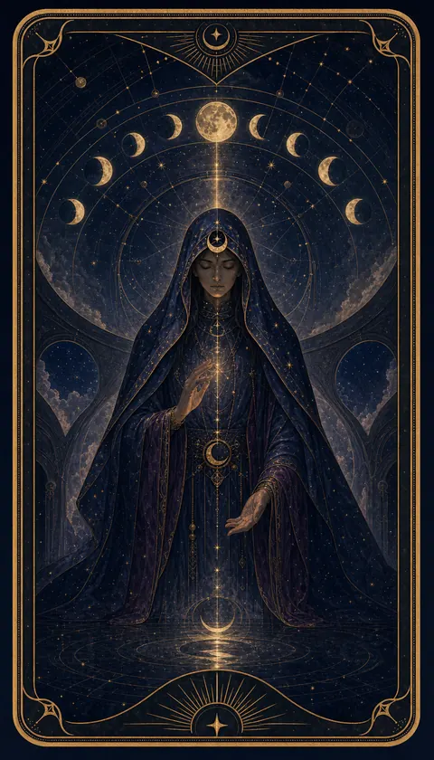 Ilustración celestial original de Mythborn para la carta La Sacerdotisa.