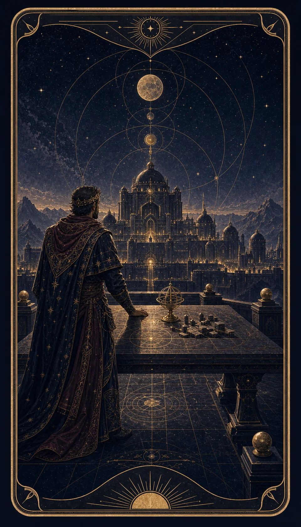 Ilustración celestial original de Mythborn para la carta El Emperador.