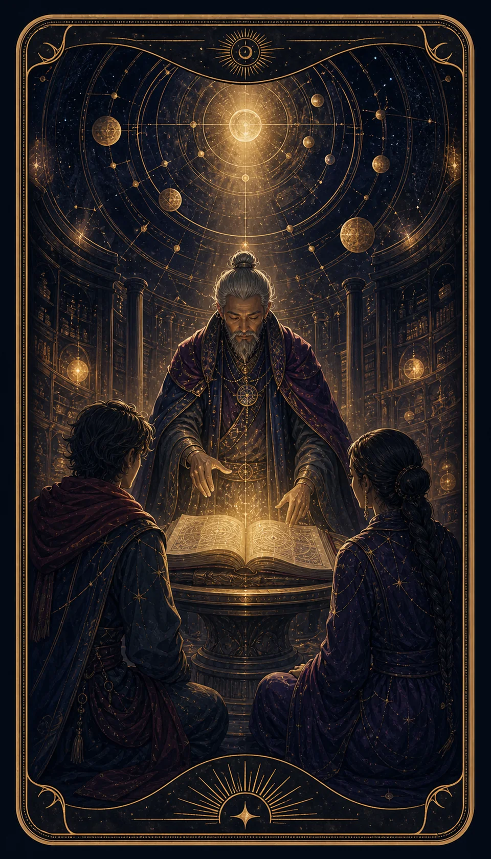 Ilustración celestial original de Mythborn para la carta El Hierofante.