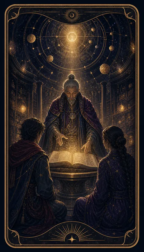 Ilustración celestial original de Mythborn para la carta El Hierofante.