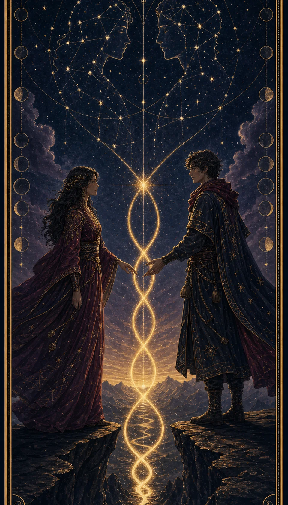Ilustración celestial original de Mythborn para la carta Los Enamorados.