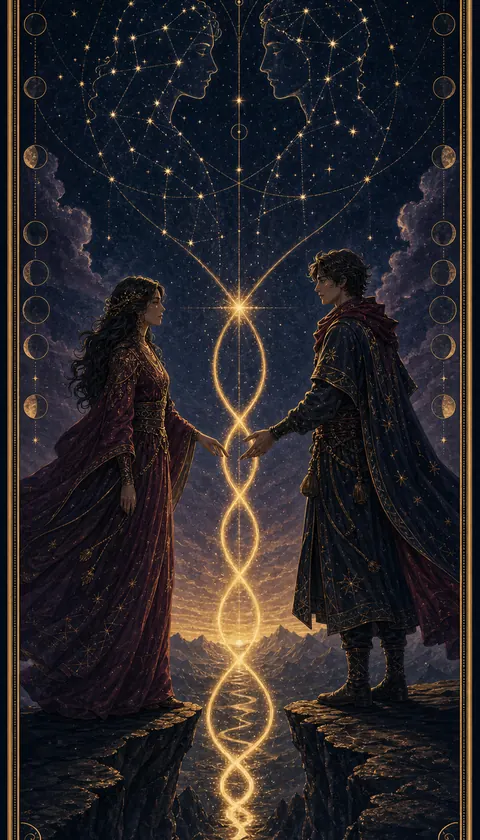 Ilustración celestial original de Mythborn para la carta Los Enamorados.