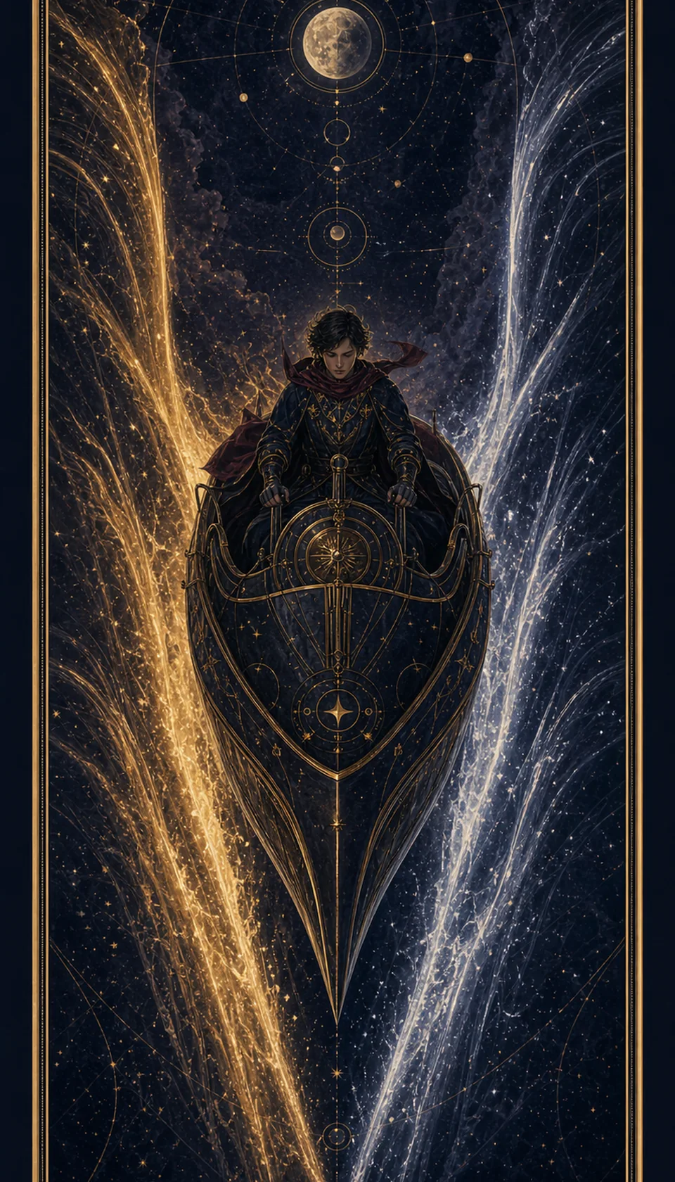Ilustración celestial original de Mythborn para la carta El Carro.