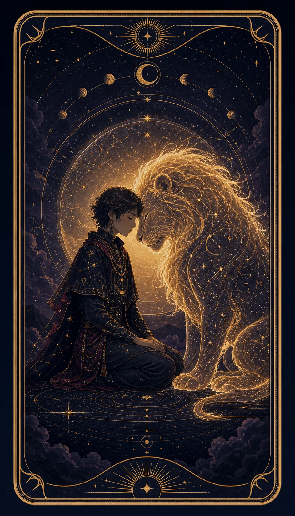 Ilustración celestial original de Mythborn para la carta La Fuerza.