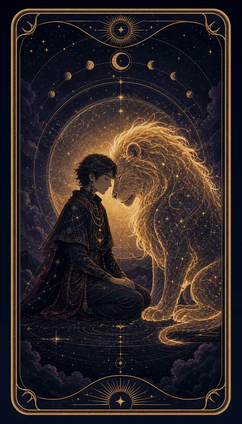 Ilustración celestial original de Mythborn para la carta La Fuerza.