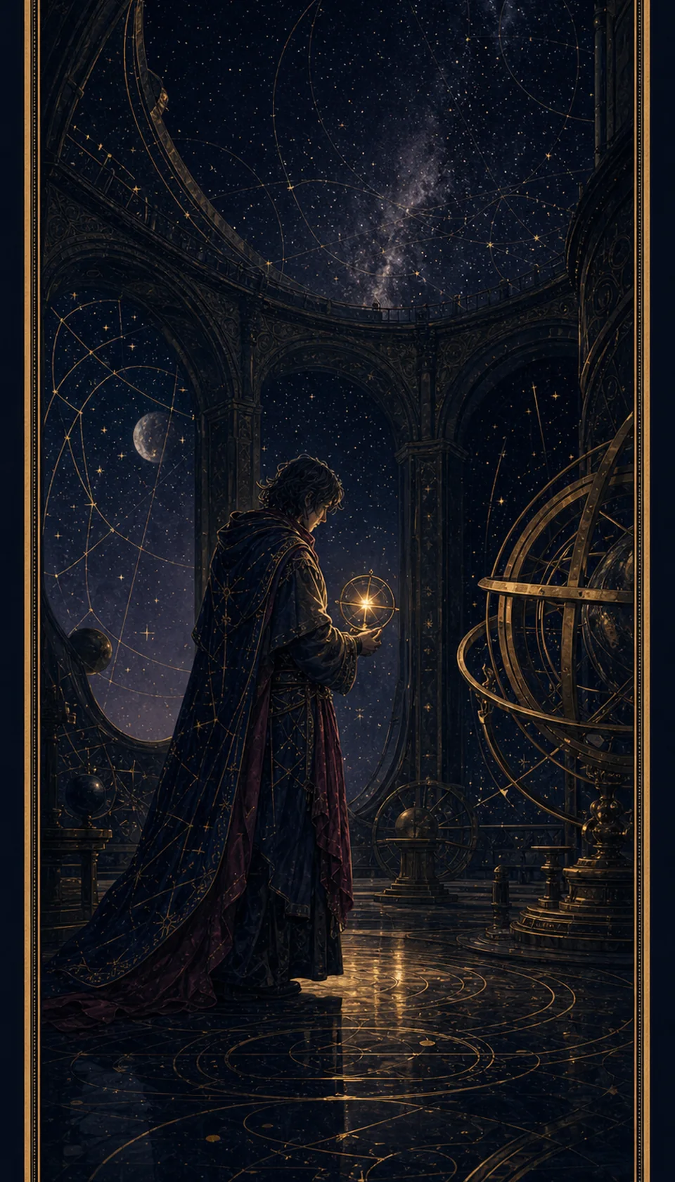 Ilustración celestial original de Mythborn para la carta El Ermitaño.