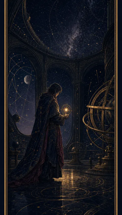 Ilustración celestial original de Mythborn para la carta El Ermitaño.