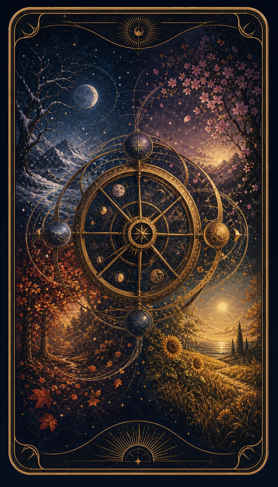Ilustración celestial original de Mythborn para la carta La Rueda de la Fortuna.