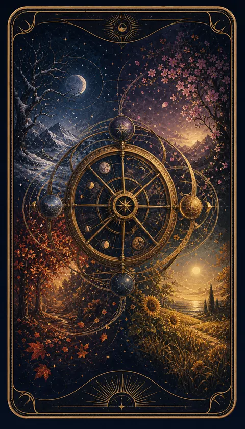 Ilustración celestial original de Mythborn para la carta La Rueda de la Fortuna.