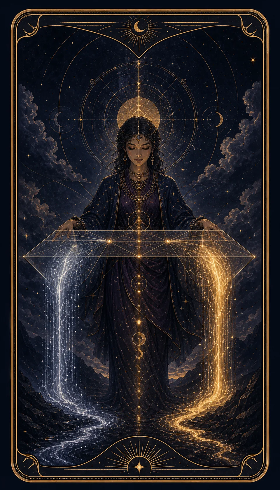 Ilustración celestial original de Mythborn para la carta La Justicia.