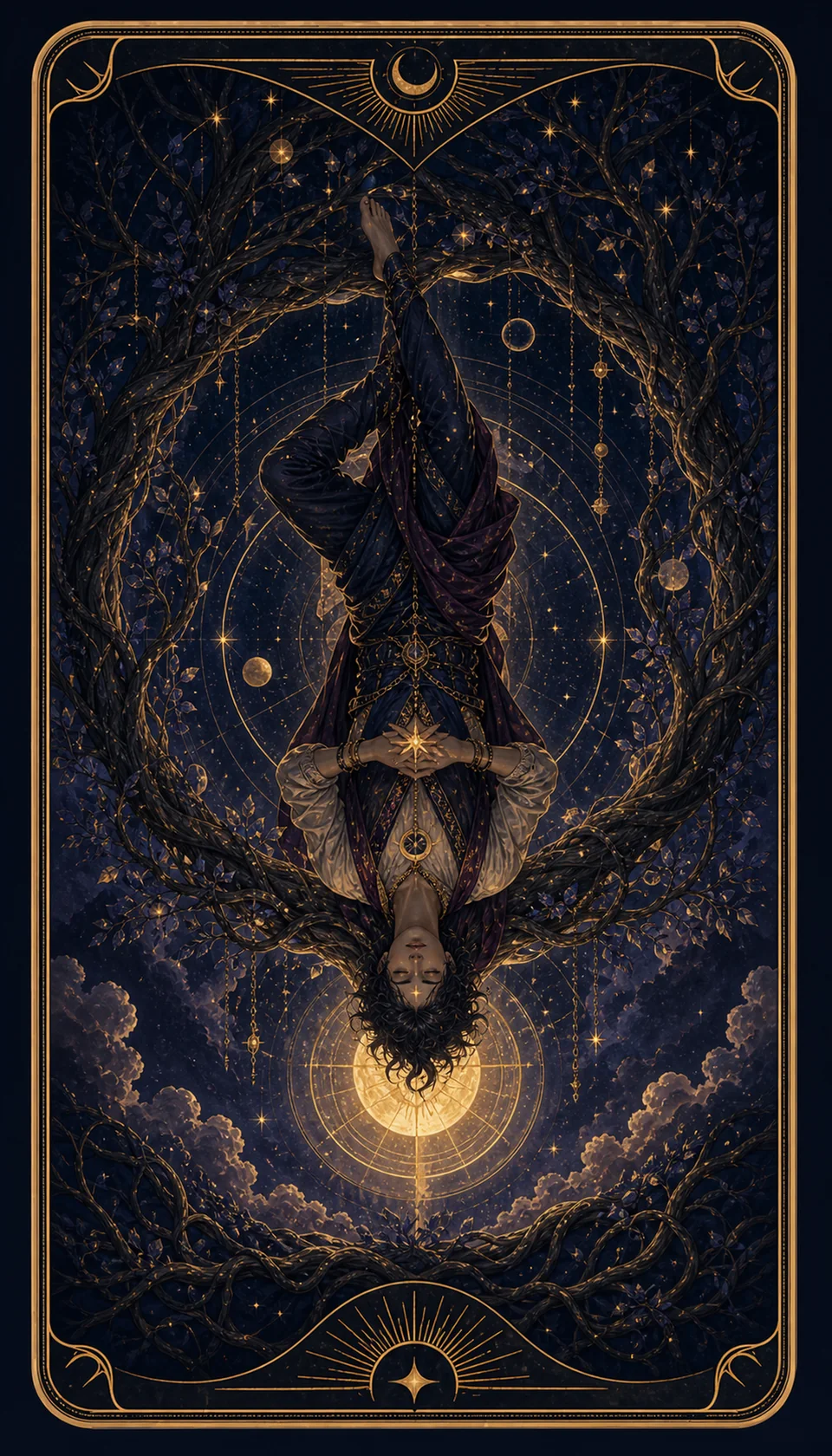 Ilustración celestial original de Mythborn para la carta El Colgado.