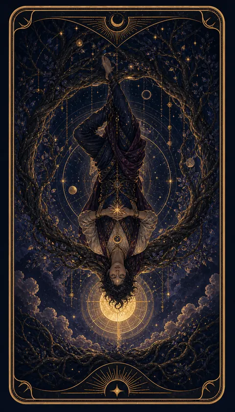 Ilustración celestial original de Mythborn para la carta El Colgado.