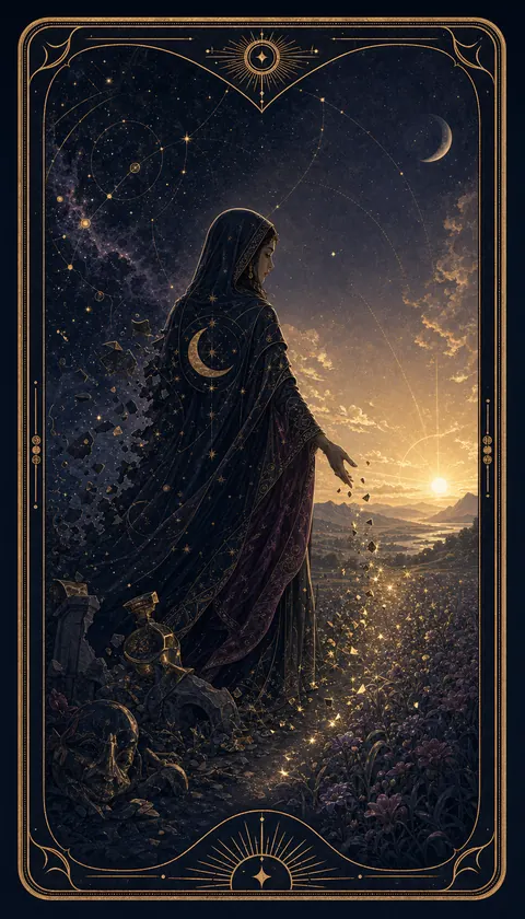Ilustración celestial original de Mythborn para la carta La Muerte.
