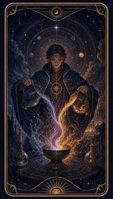 Ilustración celestial original de Mythborn para la carta La Templanza.